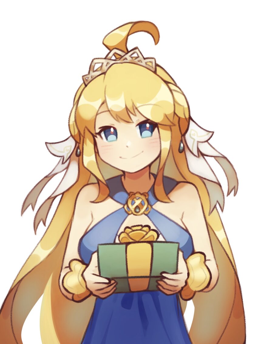 1girl, ahoge, alt_text, bare_shoulders, blonde_hair, blue_dress, blue_eyes, box