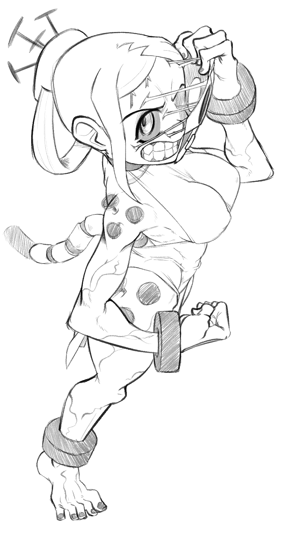 1girl, alternate_breast_size_(larger), barefoot, black_nails, black_sclera, black_toenails, breasts, clenched_teeth