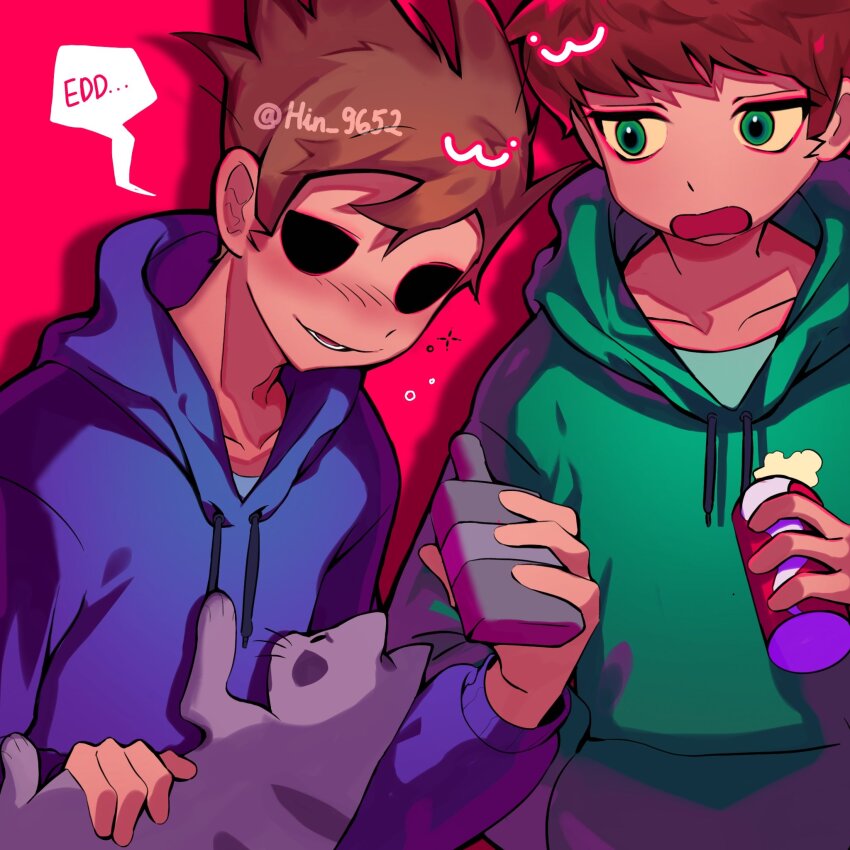 2boys, alcohol, animification, antenna_hair, artist_name, blue_hoodie, blush, brown_hair