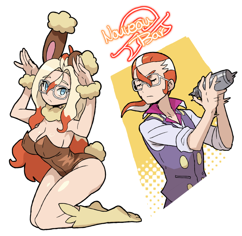 1boy, 1girl, absurdres, animal_ears, blonde_hair, blue_eyes, breasts, brown_leotard, buneary, buneary_(cosplay), closed_eyes, closed_mouth, cocktail_shaker, collared_shirt, colored_tips, cosplay, curtained_hair, detached_collar, dot_nose, fake_animal_ears, fake_tail, full_body, fur_collar, fur_wrist_cuffs, gen_4_pokemon, gen_6_pokemon, griselle_(pokemon), grisham_(pokemon), hair_between_eyes, hair_pulled_back, hands_up, highleg, highleg_leotard, highres, holding, holding_cocktail_shaker, kneeling, leotard, long_hair, loose_hair_strand, lopunny, lopunny_(cosplay), low_ponytail, malamar, malamar_(cosplay), motion_blur, multicolored_hair, neon_sign, nintendo, nontraditional_playboy_bunny, orange_hair, playboy_pokemon, pokemon, pokemon_legends:_z-a, ponytail, purple_vest, rabbit_ears, rabbit_pose, rabbit_tail, sach56000, shaking, shiny_skin, shirt, short_ponytail, sleeves_rolled_up, socks, split_mouth, strapless, strapless_leotard, streaked_hair, tail, thighs, two-tone_hair, vest, white-framed_eyewear, white_background, white_hair, wrist_cuffs, yellow_socks