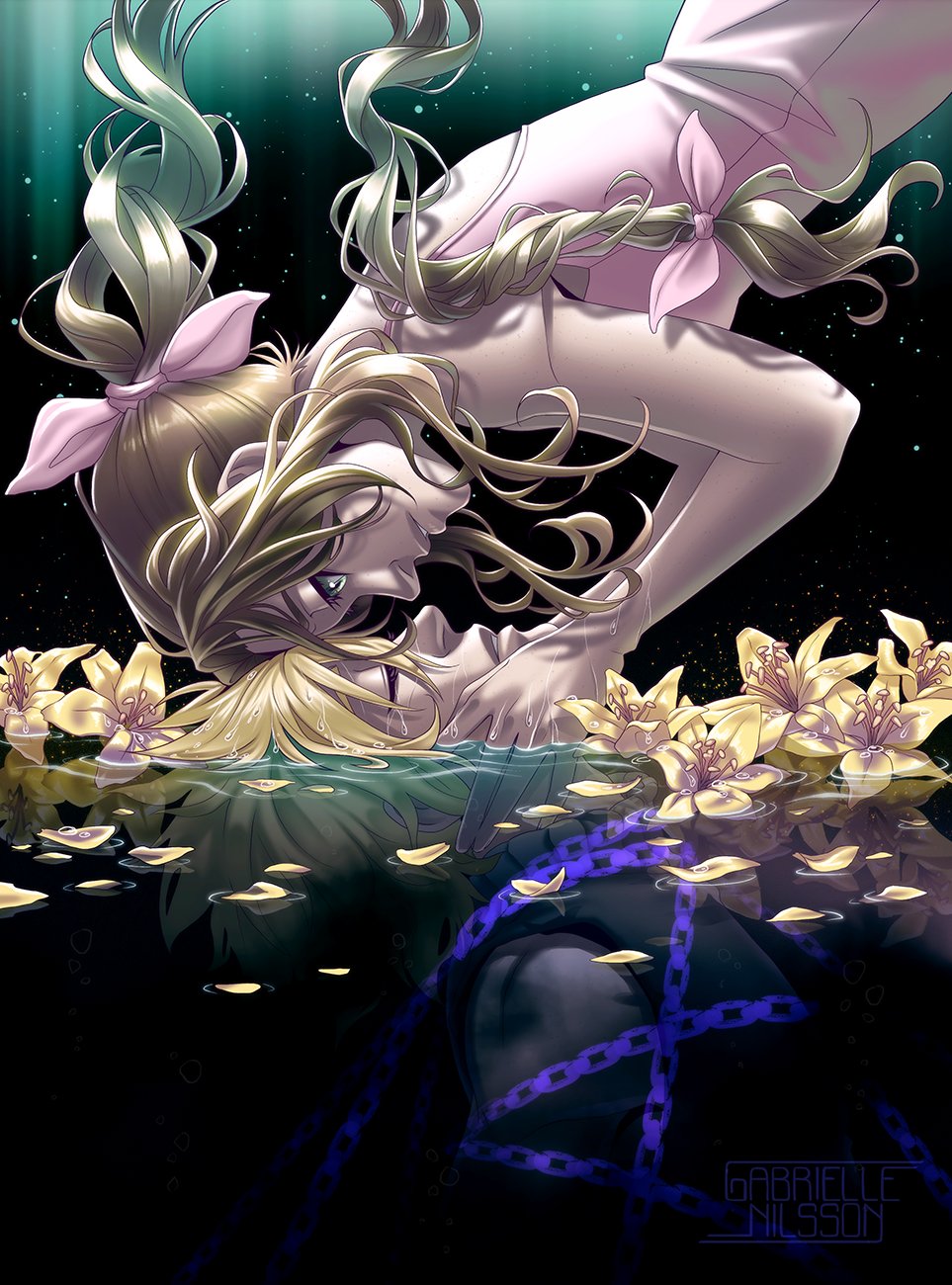 1boy, 1girl, aerith_gainsborough, artist_name, bare_arms, bare_shoulders, blonde_hair, breasts