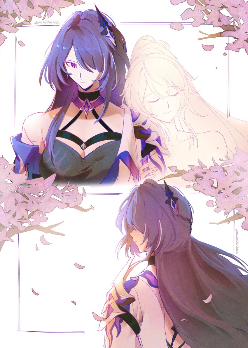 2girls, acheron_(honkai:_star_rail), armor, branch, breasts, choker, cleavage, closed_eyes