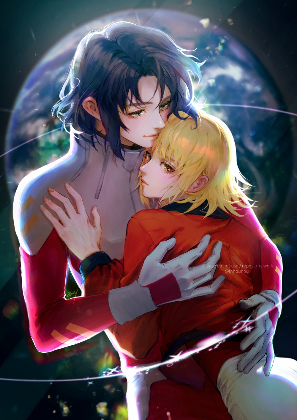 1boy, 1girl, arms_around_another's_back, athrun_zala, blonde_hair, blue_hair, brown_eyes, cagalli_yula_athha