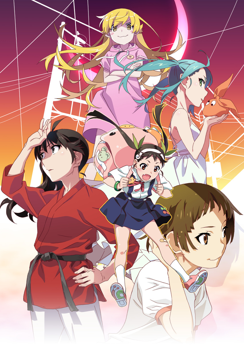 5girls, absurdres, ahoge, aqua_hair, araragi_karen, arm_at_side, backpack, badge