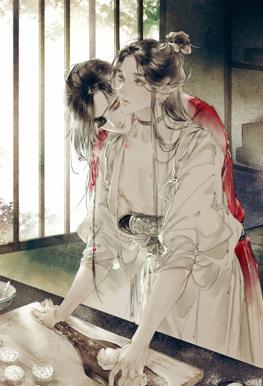 2boys, beads, bishounen, black_hair, bowl, bracelet, braid, brown_hair, chinese_clothes, closed_eyes, closed_mouth, cursed_shackle, cutting_board, day, eyelashes, eyepatch, flower, food, grey_eyes, hair_beads, hair_bun, hair_ornament, half_updo, hand_under_clothes, hanfu, head_on_another's_shoulder, hickey, highres, holding, hua_cheng, hug, hug_from_behind, indoors, jewelry, kitchen, leaning_forward, long_hair, long_sleeves, looking_at_another, male_focus, multiple_boys, neck_tattoo, nipples, one_eye_covered, parted_bangs, parted_lips, pectorals, red_hanfu, robe, sash, side_braid, silver_bracelet, single_braid, single_hair_bun, sleeves_rolled_up, standing, starember, table, tattoo, third-party_source, tianguan_cifu, upper_body, white_hanfu, window, xie_lian, yaoi