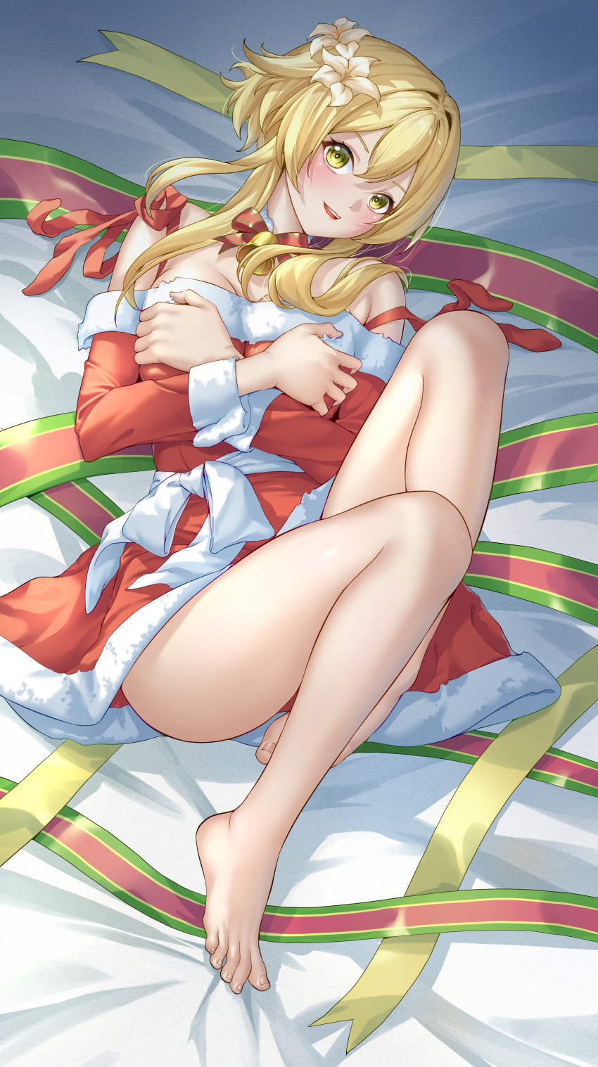 1girl, absurdres, barefoot, blonde_hair, blush, breasts, christmas, cleavage