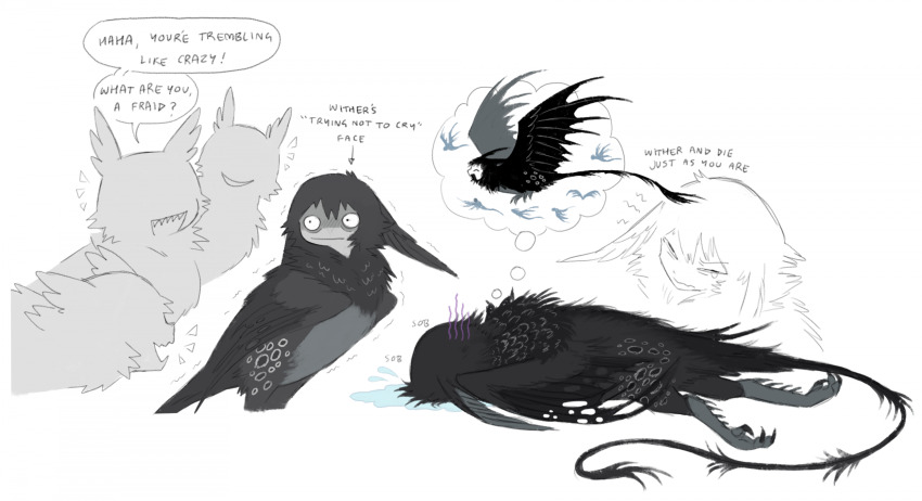 :i, black_feathers, black_wings, bullying, closed_mouth, commentary, crying, english_commentary, english_text, feathers, flying, grey_feathers, grey_hair, grey_wings, harpy, highres, human_head, jejejunum, lying, monster_girl, nethermare, on_stomach, open_mouth, original, puddle, simple_background, smile, sobbing, speech_bubble, tears, teeth, thought_bubble, traditional_harpy, white_background, wings, wither_(jejejunum)