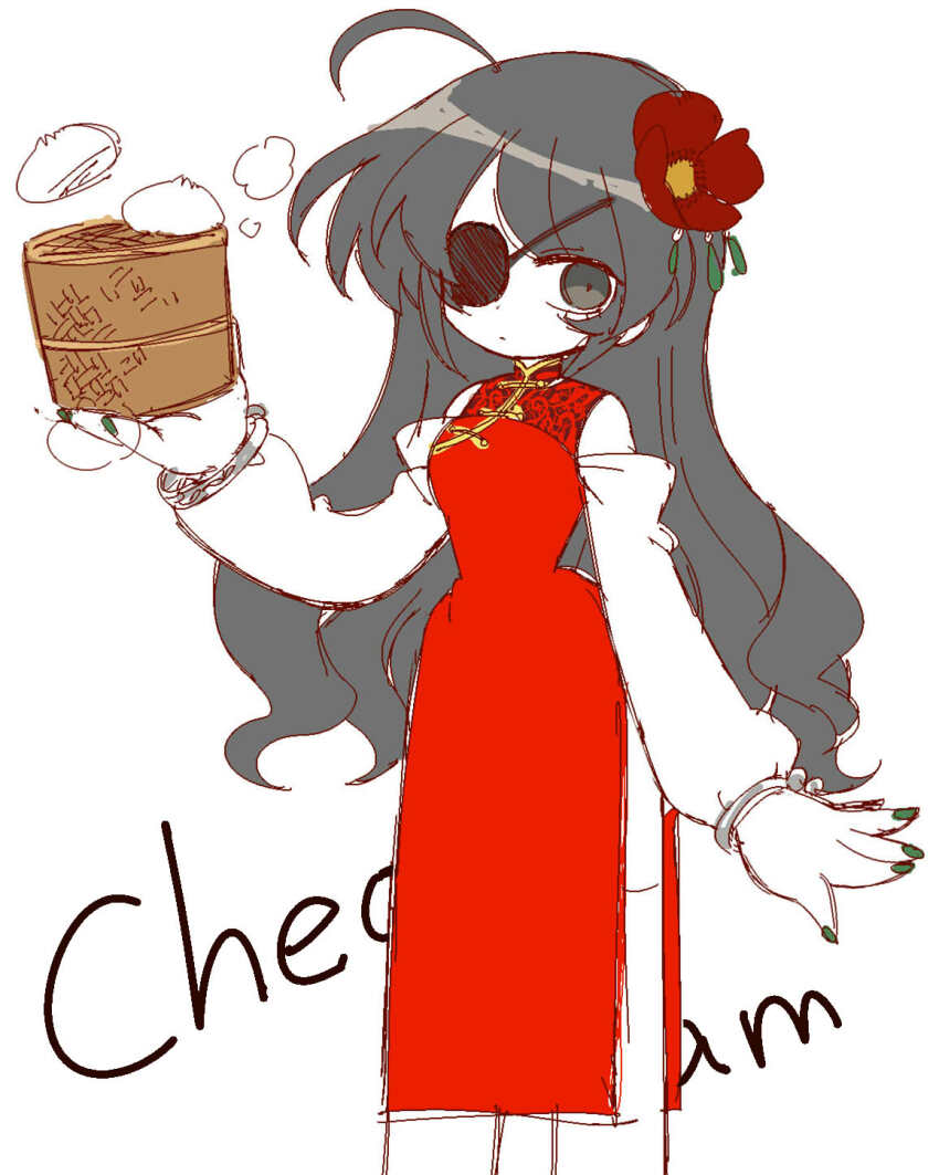 1girl, ahoge, bamboo_steamer, bracelet, china_dress, chinese_clothes, detached_sleeves, dim_sum
