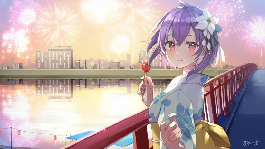 1girl, bridge, candied_fruit, commentary_request, fireworks, flower, hair_flower, hair_ornament