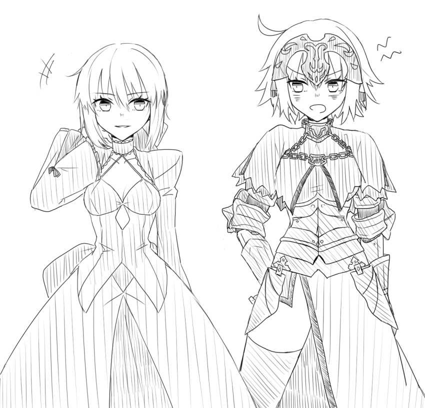 +++, 2girls, ahoge, armor, armored_dress, artoria_pendragon_(fate), back_bow, blaulilie110