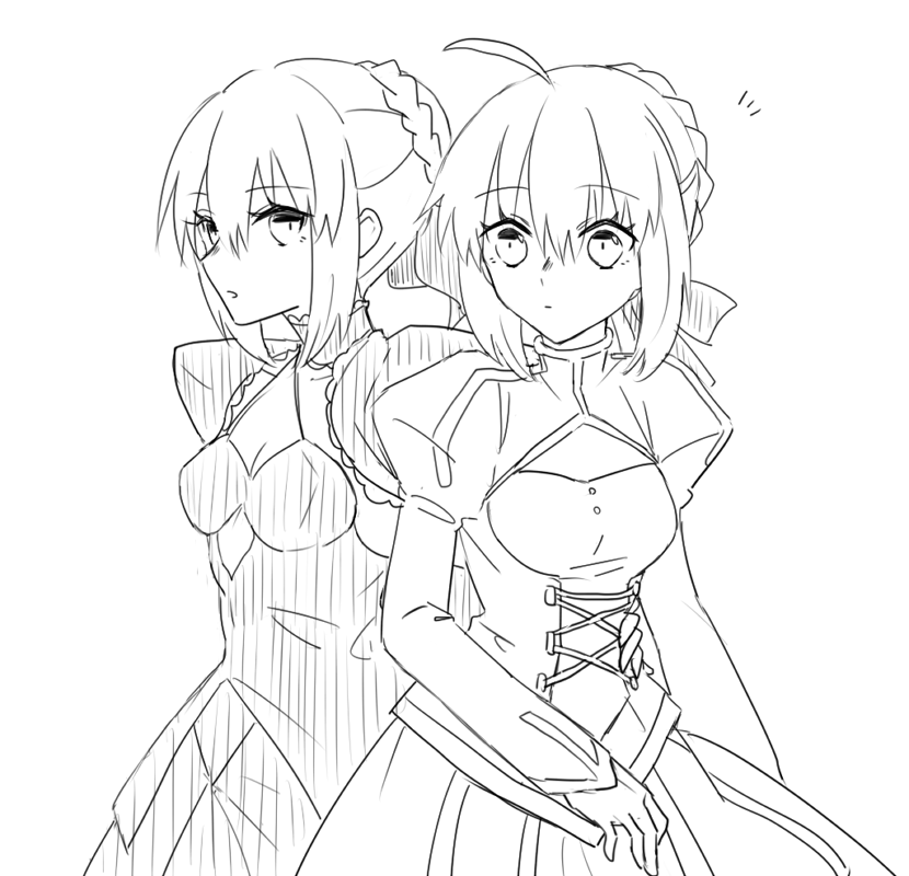 2girls, ahoge, artoria_pendragon_(fate), blaulilie110, bow, braid, breasts, buttons