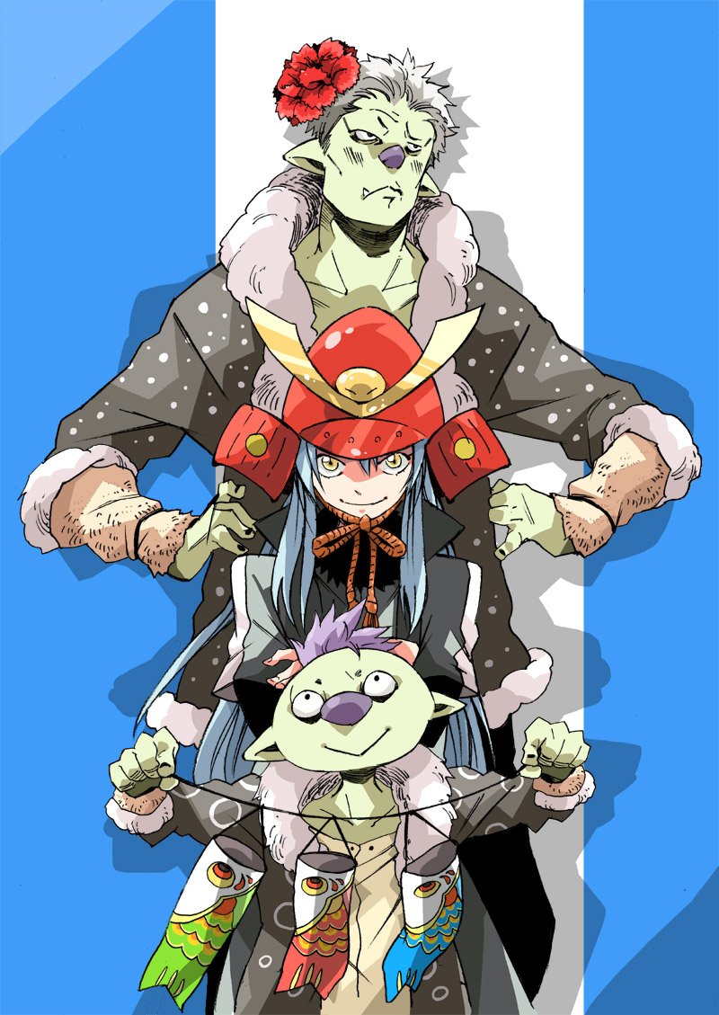 1girl, 2boys, :>, armor, black_jacket, blue_hair, colored_skin, commentary_request