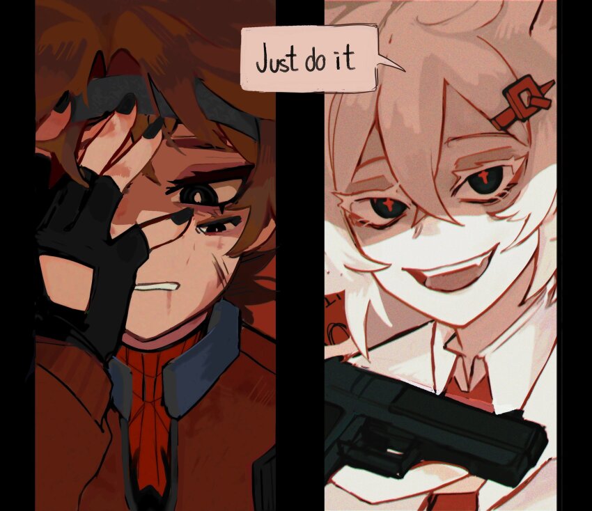 1boy, 1other, androgynous, animal_print, animification, black_eyes, black_gloves, black_nails