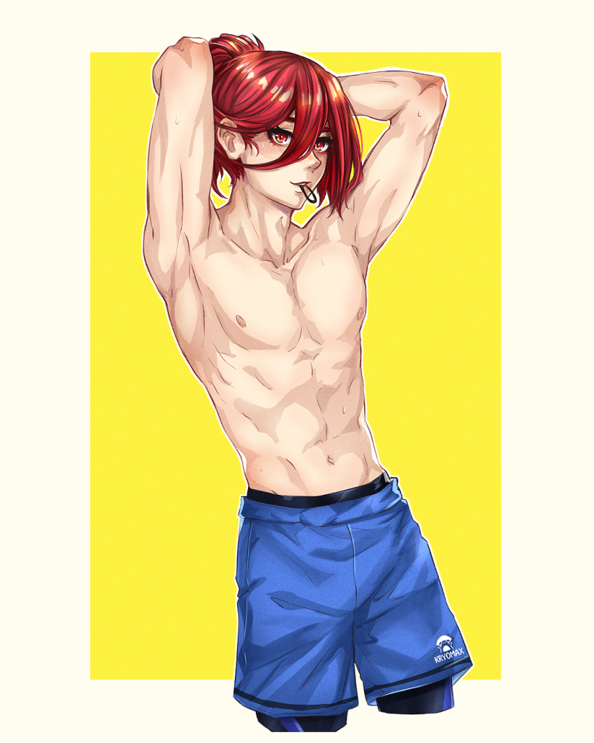 1boy, abs, androgynous, armpits, arms_behind_head, arms_up, blue_lock, blue_shorts
