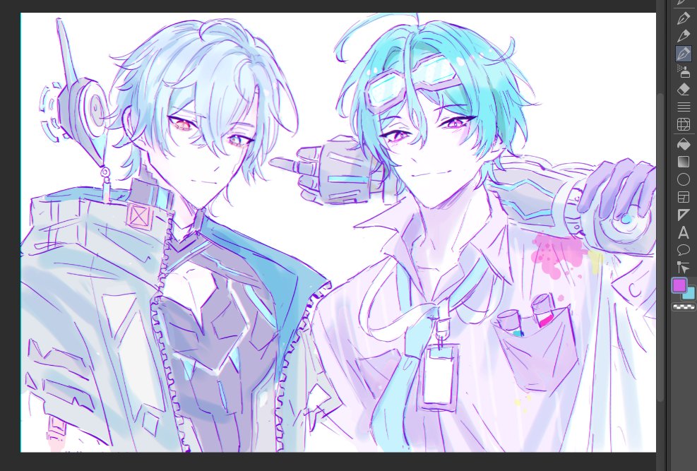 2boys, ahoge, closed_mouth, commentary, crossed_bangs, elias_delborne, english_commentary, eyewear_on_head