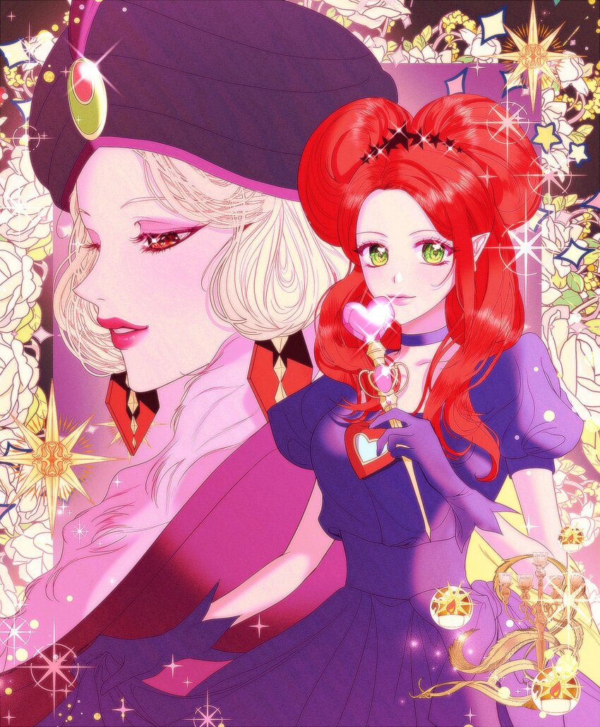 2girls, blonde_hair, chocolat_meilleure, cinnamon_meilleure, double_bun, dress, earrings, eyeshadow, flower, gloves, green_eyes, hair_bun, hat, heart_pendant, highres, holding, holding_own_dress, holding_wand, jewelry, long_hair, makeup, mother_and_child, mother_and_daughter, multiple_girls, orange_hair, parent_and_child, pink_lips, pointy_ears, puffy_short_sleeves, puffy_sleeves, purple_dress, purple_gloves, short_sleeves, smile, sparkle, sugar_sugar_rune, tia_(s2tia_98), wand