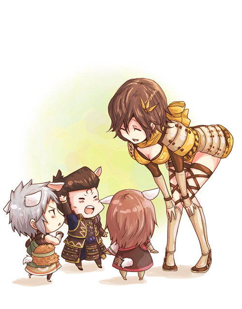 1girl, 3boys, animal_ears, armor, bent_over, brown_hair, closed_eyes, fukushima_masanori_(sengoku_musou), goat_ears, goat_tail, hair_ornament, ishida_mitsunari_(sengoku_musou), kato_kiyomasa_(sengoku_musou), leotard, multiple_boys, nene_(sengoku_musou), open_mouth, ribbon, sandals, sengoku_musou, sengoku_musou_2, sengoku_musou_3, shigezo7, short_hair, silver_hair, smile, tail, yellow_ribbon