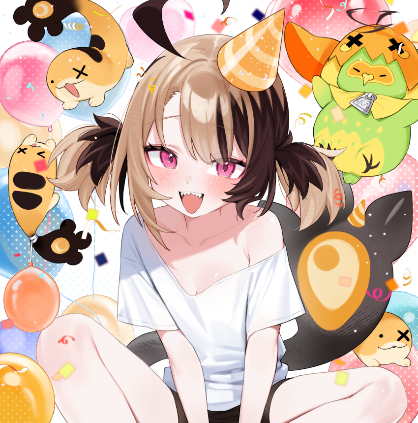 1girl, :d, absurdres, ahoge, balloon, black_shorts, breasts, brown_hair