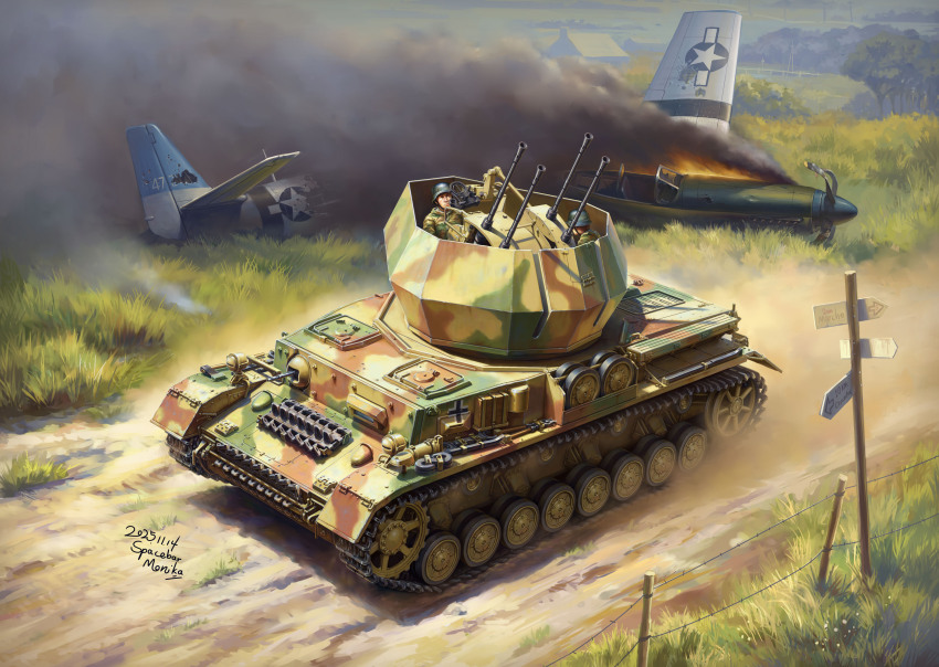 2boys, 2cm_flakvierling_38, aircraft, airplane, anti-aircraft, anti-aircraft_gun, balkenkreuz, battle, camouflage, cross, debris, flakpanzer_iv_wirbelwind, gun, highres, machine_gun, mg34, military, military_vehicle, motor_vehicle, multiple_boys, original, spacebar_hobby, tank, united_states_air_force, vehicle_request, weapon, wehrmacht, world_war_ii