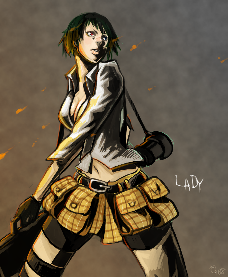 1girl, bazooka, belt, black_hair, blue_eyes, breasts, capcom, cleavage, devil_may_cry, devil_may_cry_(series), devil_may_cry_3, dress_shirt, electronic_firearm, female_focus, heterochromia, kalina_ann_(weapon), lady_(devil_may_cry), m1_bazooka, m20_super_bazooka, man-portable_anti-tank_systems, midriff, miniskirt, plus08_(tasuhachi), red_eyes, rocket_launcher, shirt, short_hair, skirt, solo, thigh_strap, weapon, white_shirt