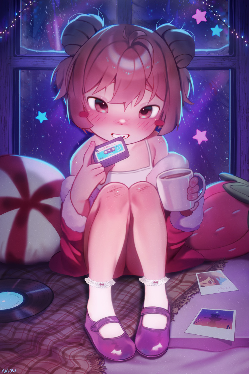 1girl, absurdres, blush, bobby_socks, camisole, cassette_tape, christmas, commentary, cup, double_bun, english_commentary, flat_chest, grin, hair_bun, highres, holding, holding_cassette, holding_cup, knees_up, looking_at_viewer, najucaju_naju, original, paid_reward_available, parted_lips, polaroid_photo, purple_shoes, red_eyes, red_hair, shoes, sitting, smile, socks, solo, star_(symbol), vinyl_record, white_camisole, white_socks