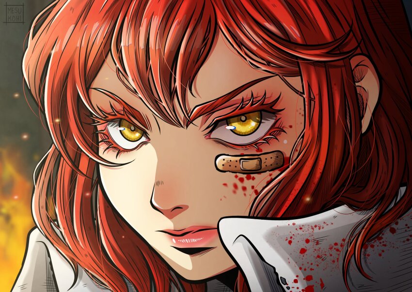 1girl, bandaid, bandaid_on_face, blood, blood_on_clothes, blood_on_face, close-up, closed_mouth