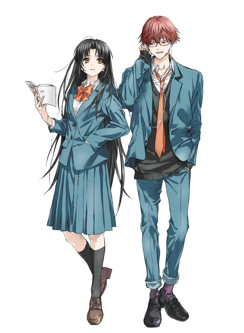 1boy, 1girl, absurdres, anime_coloring, black_cardigan, black_hair, black_shoes, black_socks