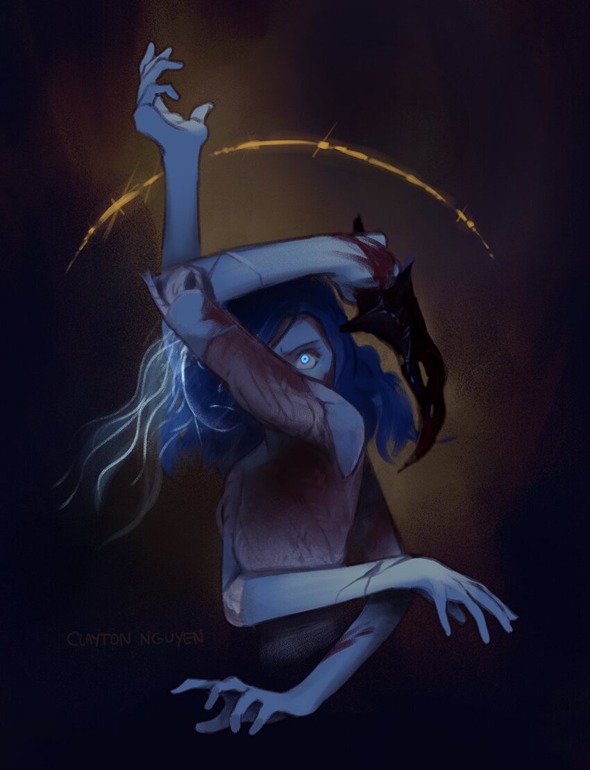 blood, blood_on_hands, bloody_weapon, blue_eyes, blue_hair, blue_skin, claytondraws, colored_skin, commentary, cracked_skin, dagger, doll_joints, elden_ring, english_commentary, extra_arms, extra_faces, glowing, glowing_eye, great_rune_(elden_ring), highres, holding, holding_dagger, holding_knife, holding_weapon, joints, knife, medium_hair, ranni_the_witch, rope, signature, simple_background, upper_body, weapon