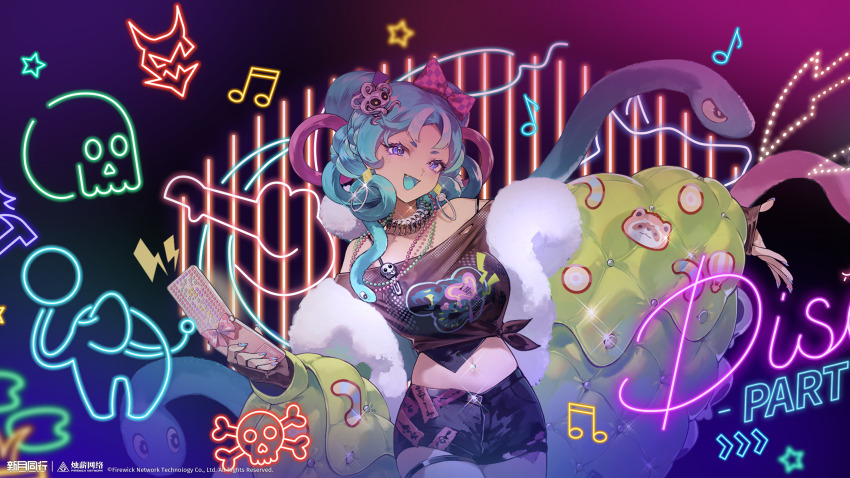 1girl, absurdres, bare_shoulders, bead_necklace, beads, black_shirt, black_shorts, blue_eyes, blue_hair, blue_tongue, bow, cellphone, coat, colored_tongue, copyright_name, copyright_notice, cowboy_shot, cuibin_(xinyue_tongxing), dark_background, double_bun, earrings, fangs, flip_phone, fur-trimmed_coat, fur_trim, hair_bow, hair_bun, hair_rings, highres, holding, holding_phone, jewelry, logo, looking_at_viewer, midriff, multicolored_hair, navel, necklace, neon_lights, off-shoulder_shirt, off_shoulder, official_art, official_wallpaper, outstretched_arm, phone, pink_bow, pink_hair, shirt, short_shorts, shorts, snake_hair, solo, tied_shirt, two-tone_hair, xinyue_tongxing, yellow_coat