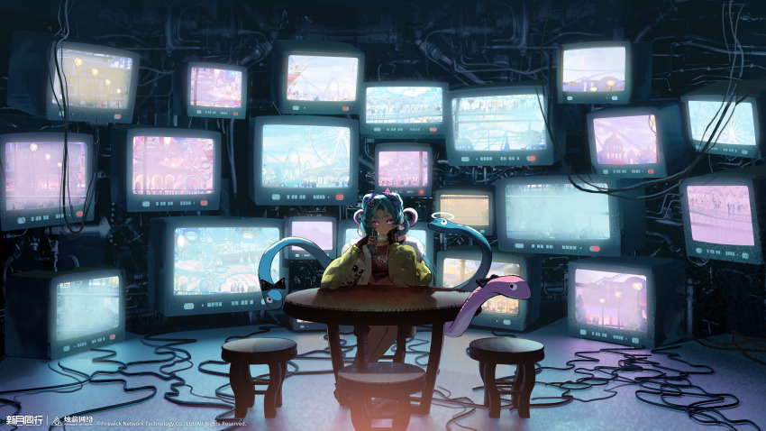 1girl, absurdres, backlighting, bead_necklace, beads, black_shirt, blue_eyes, blue_hair