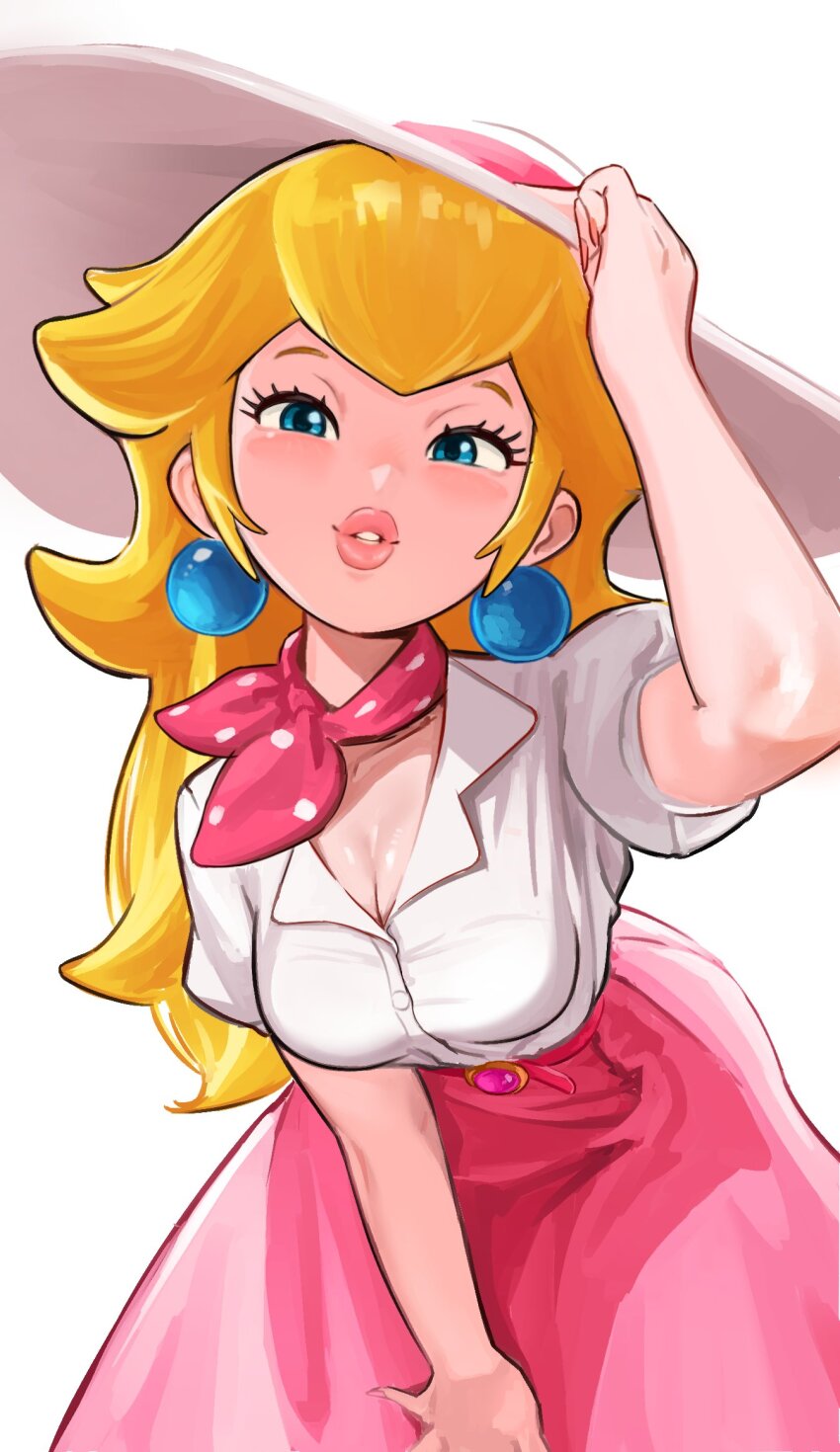 1girl, arm_up, belt, blonde_hair, blue_eyes, blush, breasts, cleavage, commentary, earrings, english_commentary, hat, highres, jewelry, lips, long_eyelashes, long_hair, long_skirt, looking_at_viewer, mario_(series), mario_kart, mario_kart_world, medium_breasts, mineru128127, neckerchief, nintendo, pink_belt, pink_lips, pink_neckerchief, pink_skirt, polka_dot_neckerchief, princess_peach, princess_peach_(vacation), puffy_short_sleeves, puffy_sleeves, shirt, short_sleeves, simple_background, skirt, smile, solo, sphere_earrings, sun_hat, white_hat, white_shirt