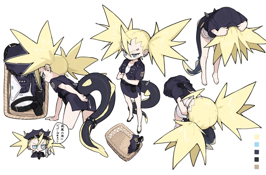 1girl, absurdres, arrow_(symbol), barefoot, basket, belt, bent_over, black_belt, black_hat, black_shirt, black_shoes, black_skirt, blonde_hair, blue_eyes, chibi, chibi_inset, clothes_lift, collar, color_guide, commentary_request, crossed_legs, ear_piercing, eel_girl, eel_tail, eyebrow_piercing, face_piercing, feet, from_above, hat, highres, lifting_own_clothes, multiple_views, original, panties, pencil_skirt, piercing, police, police_hat, police_uniform, policewoman, shirt, shirt_lift, shoes, short_sleeves, simple_background, skirt, speech_bubble, spiked_collar, spiked_hair, spikes, standing, tail, tiptoes, toes, translation_request, twintails, underwear, undressing, unworn_clothes, white_background, white_panties, zizi_niisan