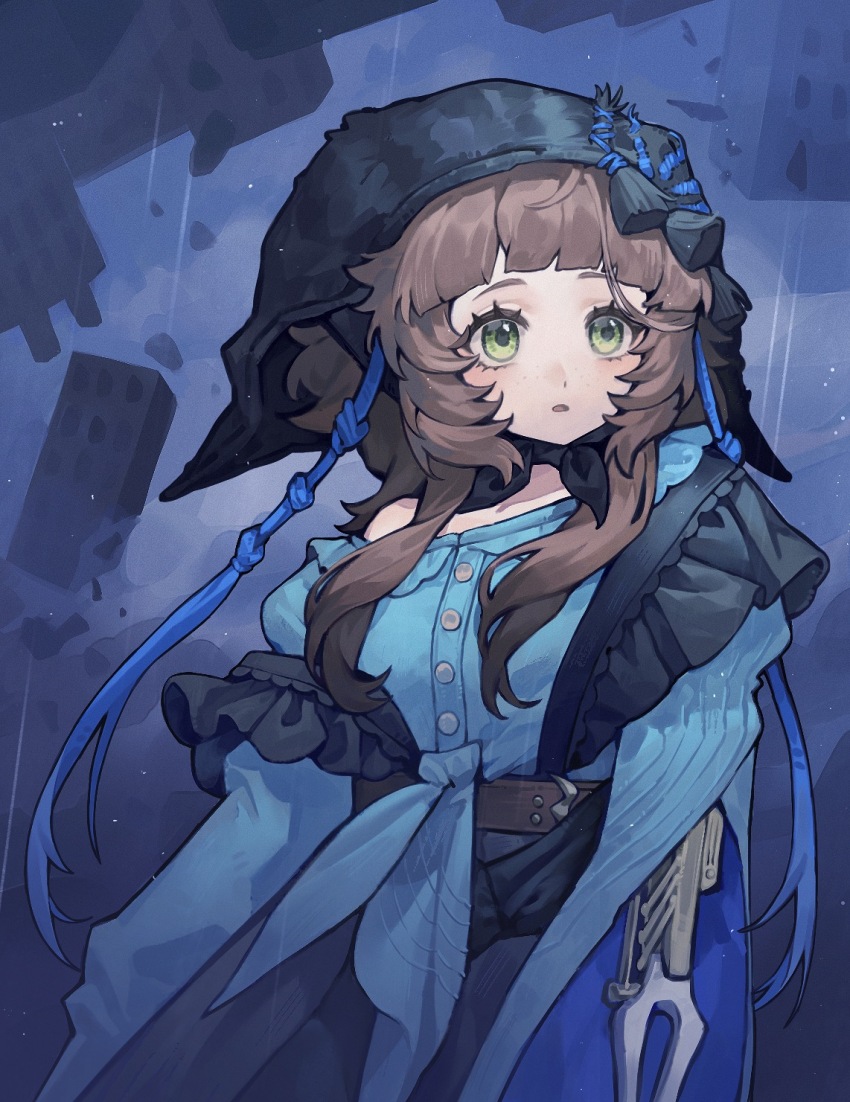 1girl, :o, black_coif, black_skirt, blue_background, blue_shirt, blunt_bangs, brown_hair