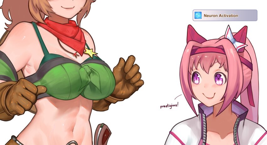 2girls, bandana, bandana_around_neck, breasts, brown_hair, closed_mouth, commentary, crop_top