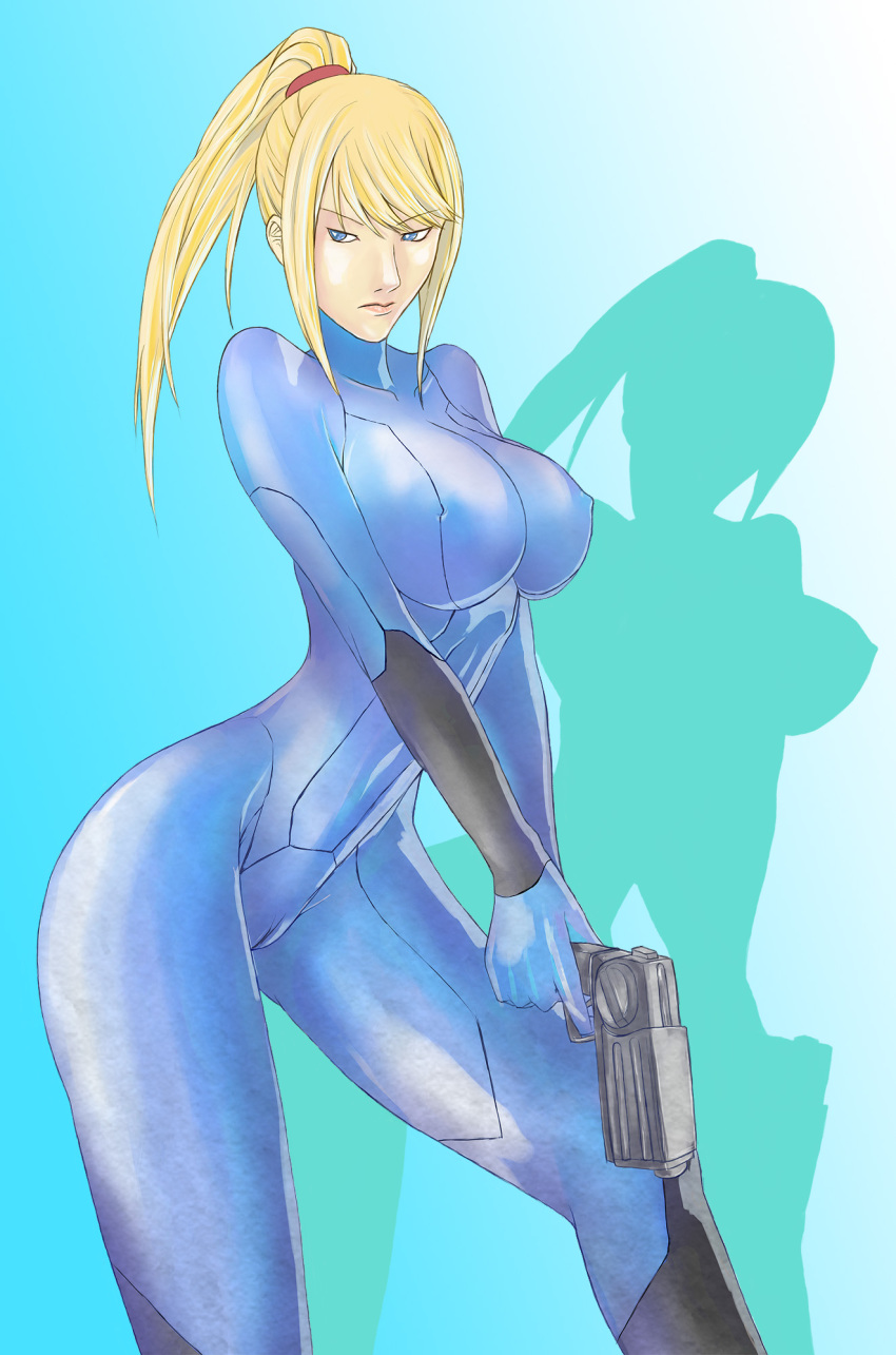 1girl, blonde_hair, blue_eyes, bodysuit, breasts, covered_erect_nipples, female_focus, furubokko
