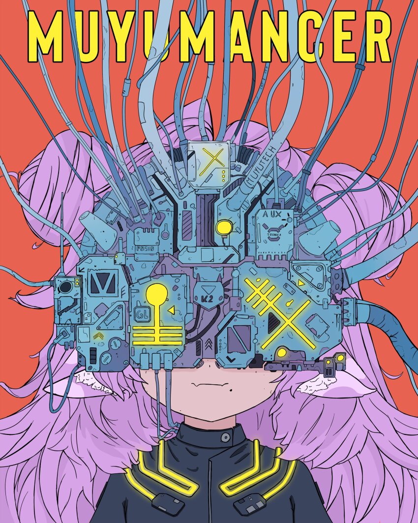 1girl, absurdres, animal_ears, bodysuit, cow_ears, cyberpunk, double_bun, erwinwitch50196, hair_bun, highres, long_hair, mole, mole_under_mouth, muu_muyu, neuromancer, phase_connect, portrait, purple_hair, simple_background, smile, virtual_youtuber