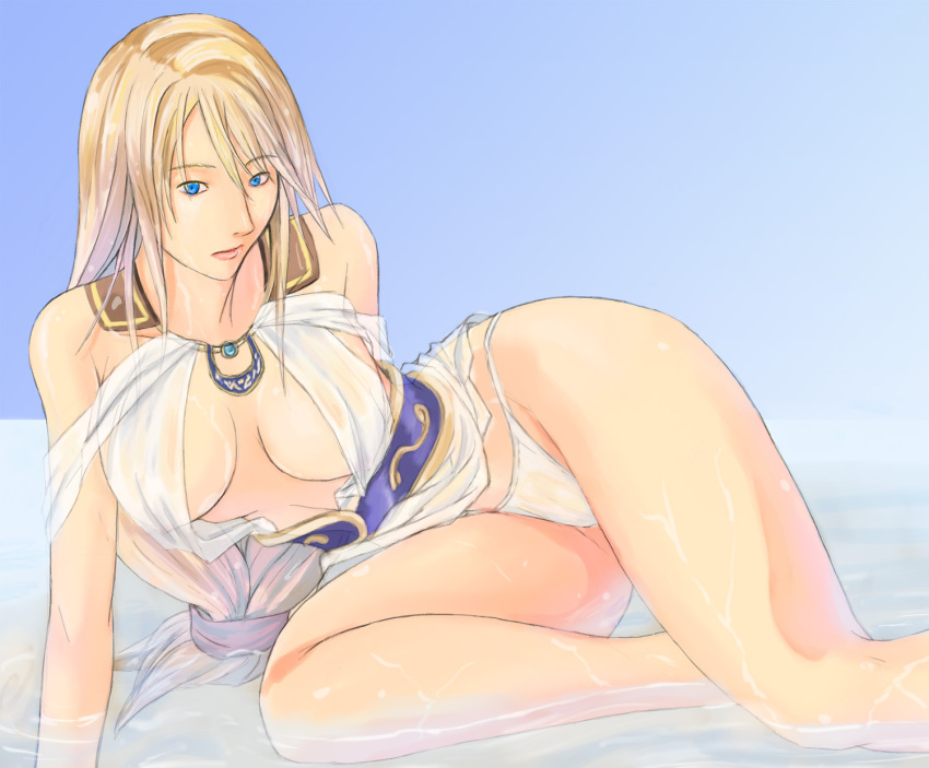 1girl, bare_shoulders, blonde_hair, blonde_twist, blue_eyes, breasts, cleavage, dress, female_focus, furubokko, goddess_robe, gradient_background, highres, long_hair, lying, panties, see-through_clothes, solo, sophitia_alexandra, soul_calibur, soulcalibur, soulcalibur_iv, underwear, wet, white_panties