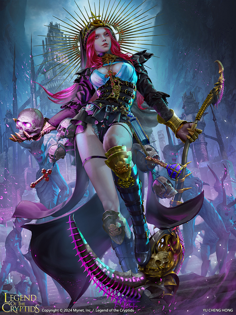 2024, architecture, armored_boots, arms_at_sides, artist_name, belt, black_leotard, black_skirt, black_veil, blue_potion, boots, breasts, castle, chain, cleavage, cloud, cloudy_sky, contrapposto, copyright_logo, copyright_name, copyright_notice, cross, cross_necklace, crown, fantasy, floating_clothes, fog, frilled_leotard, frills, full_body, gauntlets, glowing, glowing_eyes, gold_chain, gold_collar, gold_crown, gold_gauntlet, groin, halo, holding, holding_scythe, holding_skull, jewelry, knee_up, latin_cross, legend_of_the_cryptids, leotard, light_particles, lips, logo, long_hair, magic, medium_breasts, microskirt, monster, necklace, nose, official_art, on_ground, original, outdoors, parted_hair, people, pink_eyes, realistic, red_hair, scythe, single_gauntlet, skirt, skull, sky, spiked_halo, spire, standing, stepping_on_object, thighlet, veil, waist_cape, yu_cheng_hong