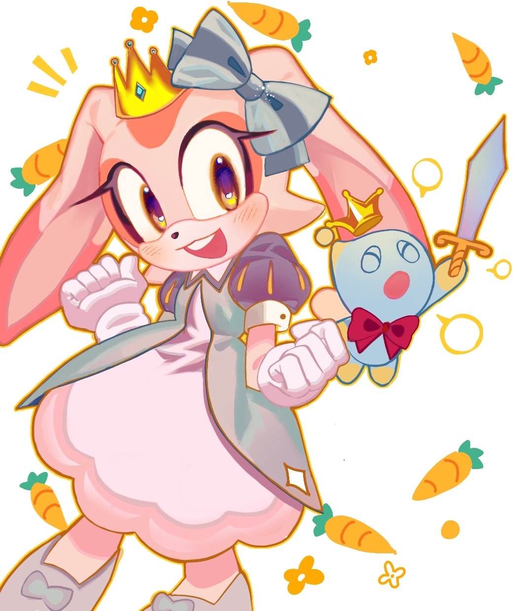 1girl, 1other, alternate_costume, animal_ears, blue_bow, blue_dress, blue_shoes, blush, bow, bowtie, carrot, chao_(sonic), cheese_(sonic), child, closed_eyes, commentary, cream_the_rabbit, crown, dress, english_commentary, full_body, furry, furry_female, gloves, hair_bow, highres, hin_9652, holding, holding_sword, holding_weapon, ibispaint_(medium), looking_at_viewer, neutral_chao, notice_lines, open_mouth, puffy_short_sleeves, puffy_sleeves, rabbit_ears, rabbit_girl, red_bow, red_bowtie, shoes, short_sleeves, simple_background, smile, solo_focus, sonic_(series), standing, sword, weapon, white_background, white_gloves, yellow_eyes