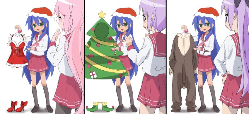 4girls, animal_costume, blue_hair, christmas_tree_costume, from_behind, glasses, green_eyes, gsa082rnw