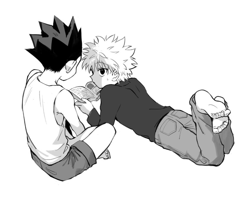 2boys, bare_shoulders, barefoot, book, gon_freecss, greyscale, holding, holding_book