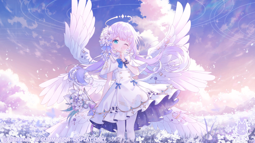 1girl, absurdres, angel_wings, aqua_eyes, blue_archive, blue_bow, blush, bouquet