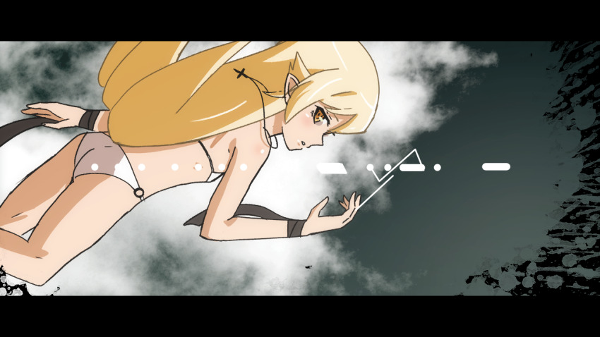 1girl, arm_at_side, ass, bare_arms, bare_legs, bikini, black_border, black_ribbon, blonde_hair, border, cloud, cloudy_sky, cowboy_shot, cross, cross_necklace, curled_fingers, dutch_angle, expressionless, flat_chest, flipped_hair, from_behind, from_below, grey_sky, hair_between_eyes, hair_flaps, hand_up, jewelry, letterboxed, light_blush, long_hair, looking_at_viewer, monogatari_(series), necklace, o-ring_bikini_bottom, orange_eyes, oshino_shinobu, parted_lips, pointy_ears, profile, ribbon, shoulder_blush, sidelocks, sideways_glance, sky, solo, sonikkusupin, splatter_background, swimsuit, very_long_hair, white_bikini, wrist_ribbon