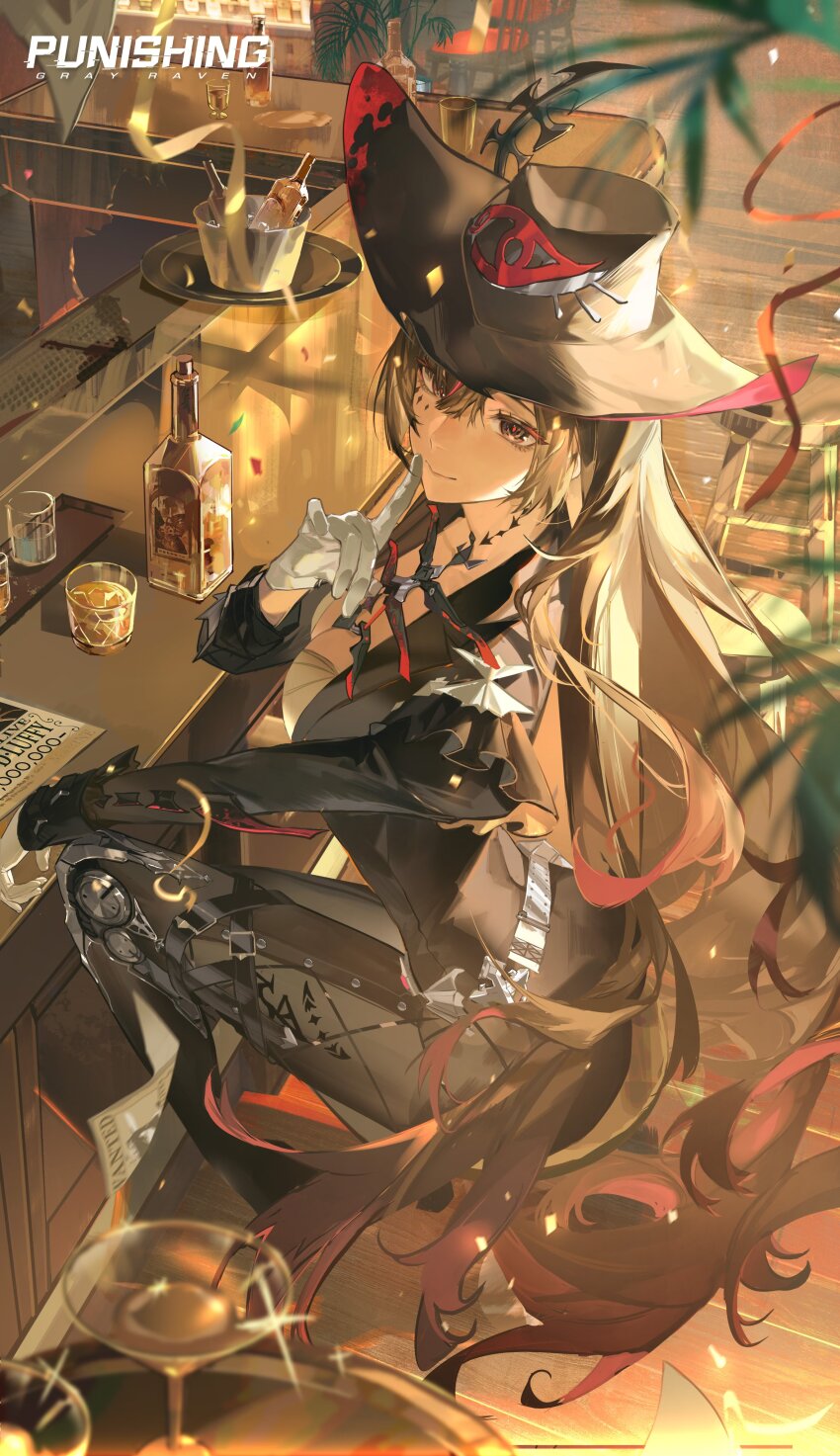 1girl, absurdres, ass, bar_(place), belt, black_eyes, black_hair, black_hat