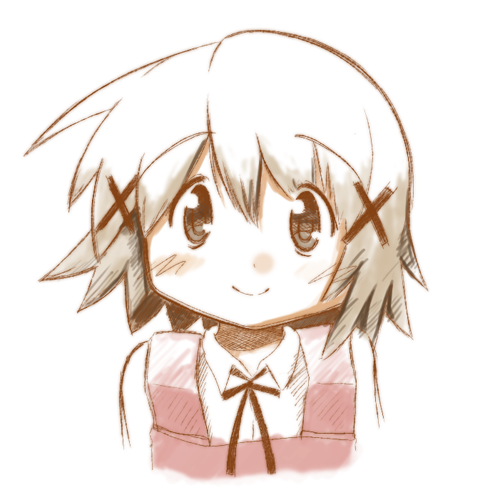 1girl, bleeugee, blush, brown_eyes, brown_hair, closed_mouth, female_focus, hair_ornament, hairpin, hidamari_sketch, lowres, school_uniform, short_hair, simple_background, smile, solo, upper_body, white_background, yamabuki_high_school_uniform, yogurtm, yuno_(hidamari_sketch)