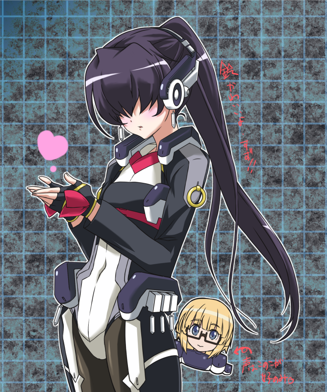 2girls, adele_balfetto, blonde_hair, blue_eyes, blush, bodysuit, glasses, hair_over_eyes