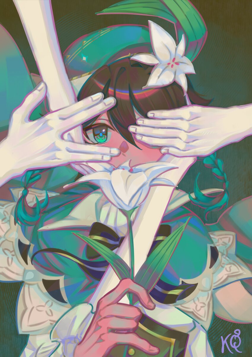 1boy, 3others, \//, absurdres, artist_logo, ascot, beret, black_hair