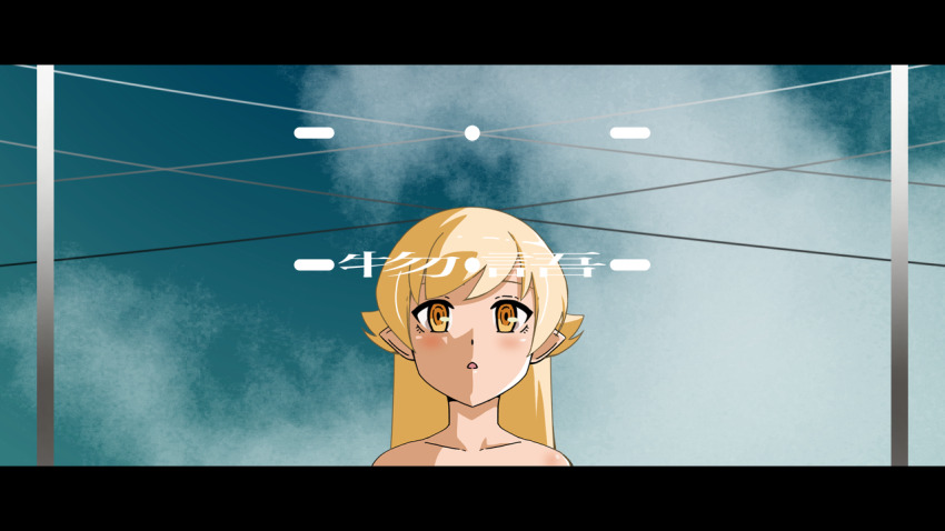 1girl, bare_shoulders, black_border, blonde_hair, blue_sky, border, cloud, cloudy_sky