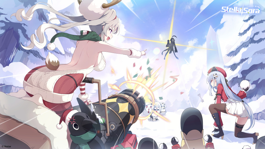 4girls, absurdres, ahoge, amber_(stella_sora), antlers, artist_request, ass, backless_outfit, blue_eyes, blue_hair, blue_sky, breasts, cannon, character_snowman, commentary, conifer, cosette_(stella_sora), deer_tail, english_commentary, firefly_(stella_sora), freesia_(stella_sora), freesia_(the_gift_of_falling_snow)_(stella_sora), grey_hair, hat, highres, horns, iris_(stella_sora), laru_(snowish)_(stella_sora), laru_(stella_sora), multiple_girls, noya_(stella_sora), official_art, outdoors, partially_buried, pleated_skirt, reindeer_antlers, shovel, sideboob, skirt, sky, snow_on_head, snowball, snowball_fight, snowman, stella_sora, tail, twintails, white_hat, white_skirt