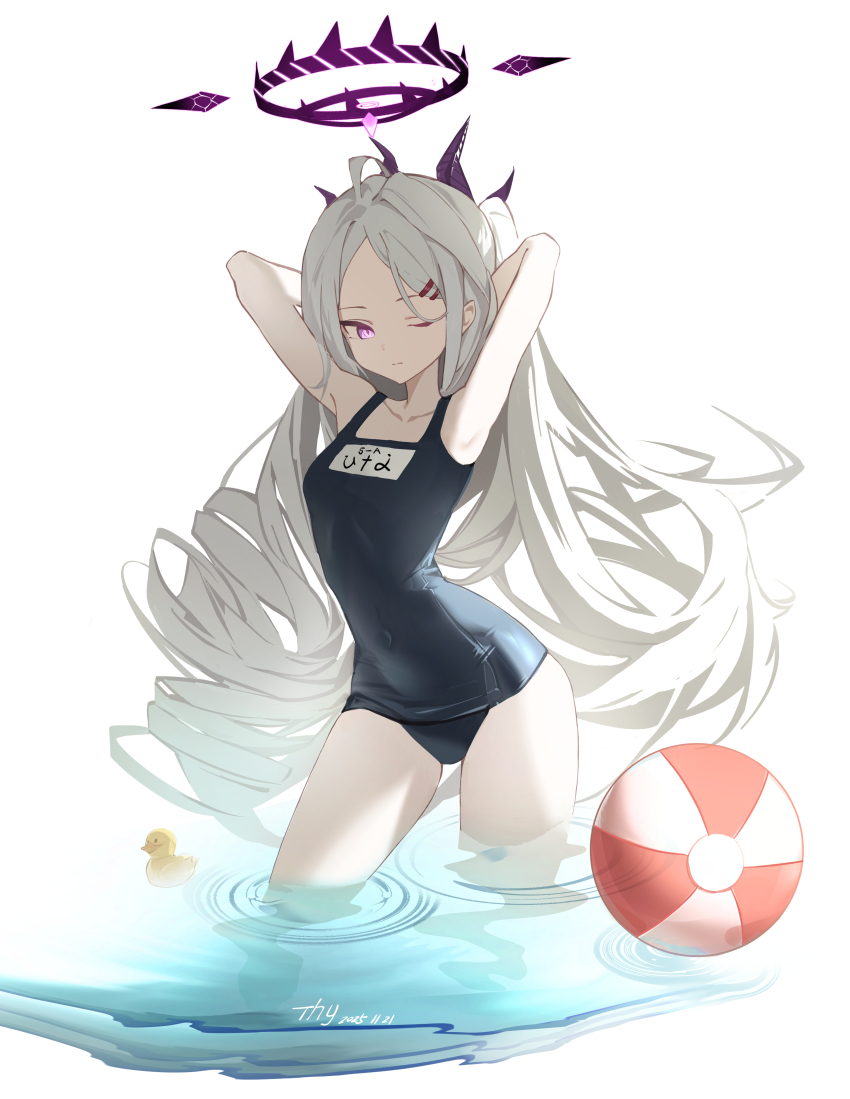 1girl, absurdres, ahoge, armpits, black_halo, blue_archive, breasts, demon_girl, demon_horns, halo, highres, hina_(blue_archive), hina_(swimsuit)_(blue_archive), horns, long_hair, looking_at_viewer, old_school_swimsuit, one_eye_closed, purple_eyes, school_swimsuit, sikadi_shigaoshou, simple_background, small_breasts, solo, swimsuit, very_long_hair, water, white_hair